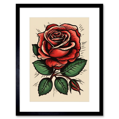 Artery8 Wall Art Print Rose Bloom Bud Old School Usa Tattoo Ink Body Art Rockabilly Americana 50S Artwork Framed 9X7 Inch from B&Q