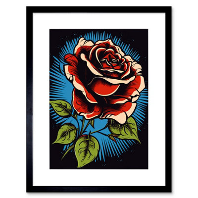 Artery8 Wall Art Print A Blooming Rose Old School Usa Tattoo Ink Body Art Rockabilly Americana 50S Artwork Framed 9X7 Inch from B&Q