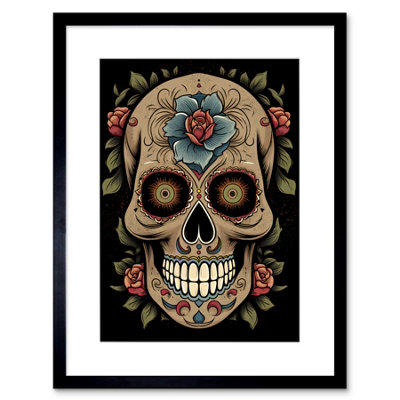 Artery8 Wall Art Print Old School Usa Tattoo Ink Body Art Day Dead Skull Rockabilly Americana 50S Artwork Framed 9X7 Inch from B&Q