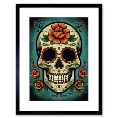 Artery8 Wall Art Print Day Of Dead Skull Old School Usa Tattoo Ink Body Rockabilly Americana 50S Artwork Framed 9X7 Inch from B&Q