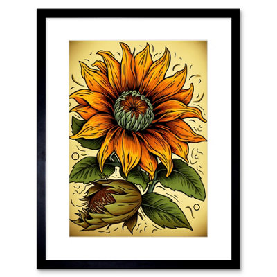 Artery8 Wall Art Print Sunflower Bloom Old School Usa Tattoo Ink Body Art Rockabilly Americana 50S Artwork Framed 9X7 Inch from B&Q