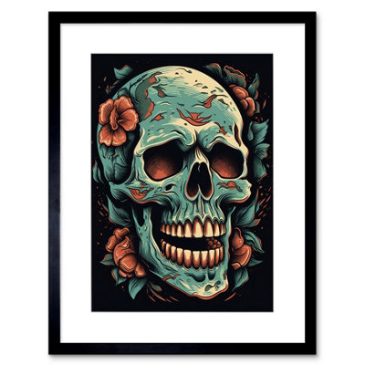 B&Q -  Wall Art Print Flowers Skull Old School Usa Tattoo Ink Body Art Rockabilly Americana 50S Artwork Framed 9X7 Inch