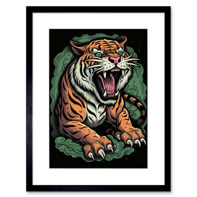 Artery8 Wall Art Print Old School Usa Tattoo Ink Body Art Ferocious Tiger Rockabilly Americana 50S Artwork Framed 9X7 Inch from B&Q