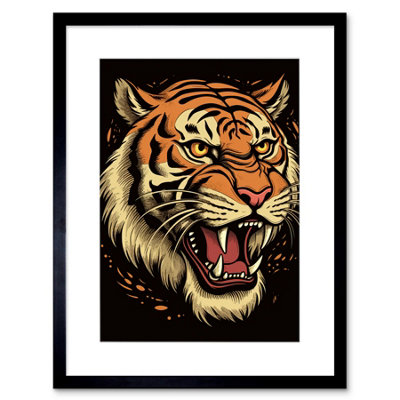 Artery8 Wall Art Print Old School Usa Tattoo Ink Body Art Growling Tiger Rockabilly Americana 50S Artwork Framed 9X7 Inch from B&Q