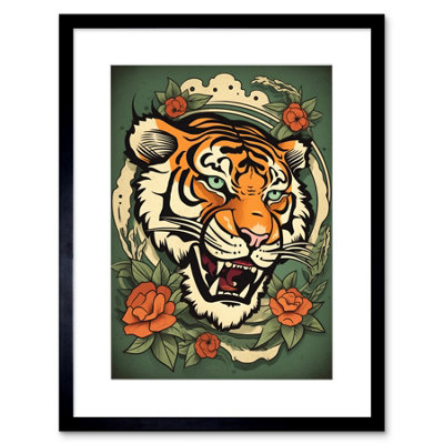 Artery8 Wall Art Print Floral Tiger Head Old School Usa Tattoo Ink Body Rockabilly Americana 50S Artwork Framed 9X7 Inch from B&Q