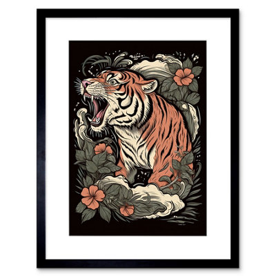 Artery8 Wall Art Print Roaring Tiger Old School Usa Tattoo Ink Body Art Rockabilly Americana 50S Artwork Framed 9X7 Inch from B&Q