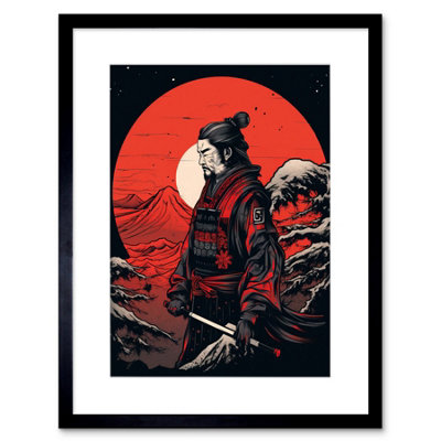 B&Q -  Wall Art Print Samurai Red Circle Sun Landscape Rockabilly Americana 50S Artwork Framed 9X7 Inch