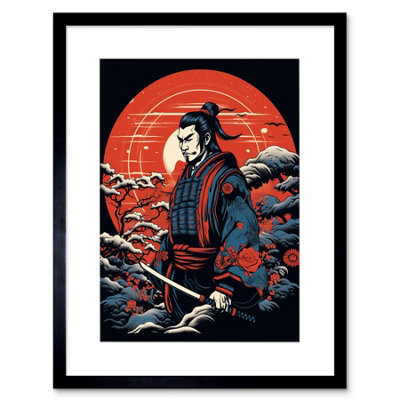 B&Q -  Wall Art Print Samurai Master In Winter Sunset Landscape Rockabilly Americana 50S Artwork Framed 9X7 Inch