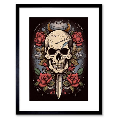 Artery8 Wall Art Print Skull Dagger And Roses Tattoo Ink Body Art Rockabilly Americana 50S Artwork Framed 9X7 Inch from B&Q