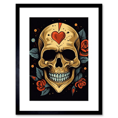 B&Q -  Wall Art Print Skull Heart And Roses Tattoo Ink Body Art Rockabilly Americana 50S Artwork Framed 9X7 Inch