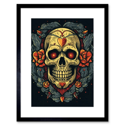 B&Q -  Wall Art Print Skull Roses And Heart Tattoo Ink Body Art Rockabilly Americana 50S Artwork Framed 9X7 Inch