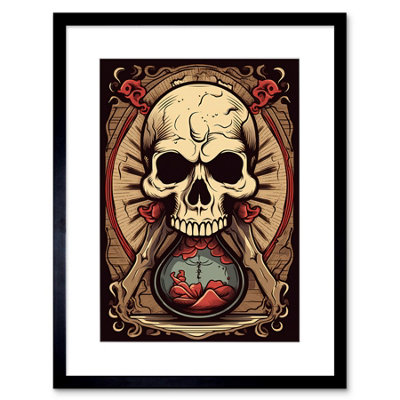B&Q -  Wall Art Print Hourglass Skull Old School Usa Tattoo Ink Body Rockabilly Americana 50S Artwork Framed 9X7 Inch
