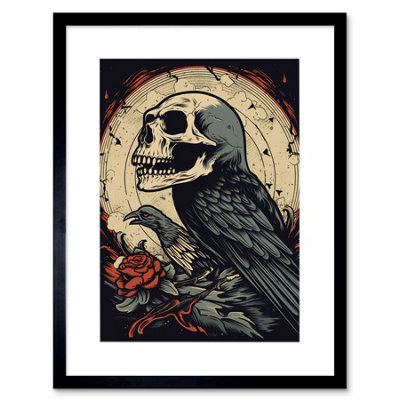 Artery8 Wall Art Print Raven Human Skull Old School Usa Tattoo Ink Body Rockabilly Americana 50S Artwork Framed 9X7 Inch from B&Q