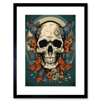 B&Q -  Wall Art Print Skull Moths Old School Usa Tattoo Ink Body Art Rockabilly Americana 50S Artwork Framed 9X7 Inch