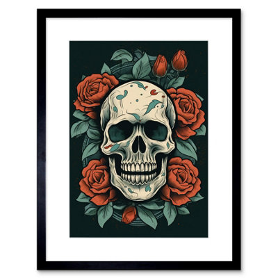 Artery8 Wall Art Print Skull Roses Old School Usa Tattoo Ink Body Art Rockabilly Americana 50S Artwork Framed 9X7 Inch from B&Q