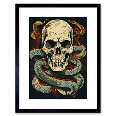 B&Q -  Wall Art Print Skull Snakes Old School Usa Tattoo Ink Body Art Rockabilly Americana 50S Artwork Framed 9X7 Inch