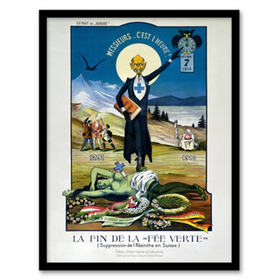 Artery8 Framed Wall Art Swiss Vintage Advert Anti Absinthe Prohibition 1910 End Of The Green Fairy Pub Bar Décor12X16 Inch from B&Q