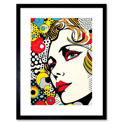 Artery8 Wall Art Print Woman Face Geometric Patterns Bubbles Comic Book Style Pop Art Teen Room Halftone Artwork Framed 9X7 Inch from B&Q