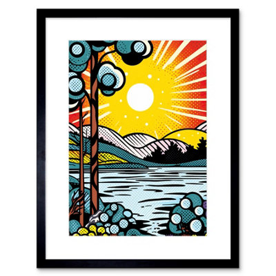 Artery8 Wall Art Print Sunset Lakeside Landscape Comic Book Style Bubble Patterns Halftone Artwork Framed 9X7 Inch from B&Q