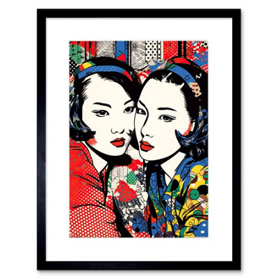 Artery8 Wall Art Print Japan Women Linocut Vibrant Geometric Patterns Lgbtq Pan Portrait Halftone Artwork Framed 9X7 Inch from B&Q