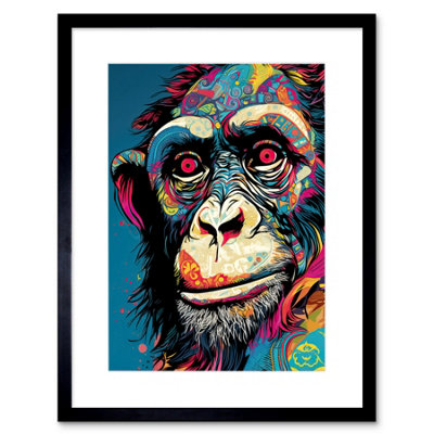 Artery8 Wall Art Print Chimpanzee Acrylic Painting Vibrant Psychedelic Pattern Portrait Modern Artwork Framed 9X7 Inch from B&Q