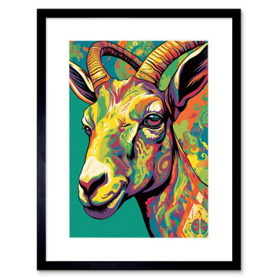 B&Q -  Wall Art Print The Trippy Goat Psychedelic Portrait Vibrant Colourful Patterns Modern Pop Artwork Framed 9X7 Inch