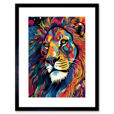Artery8 Wall Art Print King Of The Jungle Lion Head Psychedelic Folk Portrait Vibrant Colourful Patterns Artwork Framed 9X7 Inch from B&Q