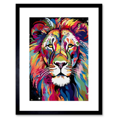 Artery8 Wall Art Print Magnificent Lion Head Psychedelic Folk Portrait Colourful Vibrant Bold Jungle Artwork Framed 9X7 Inch from B&Q