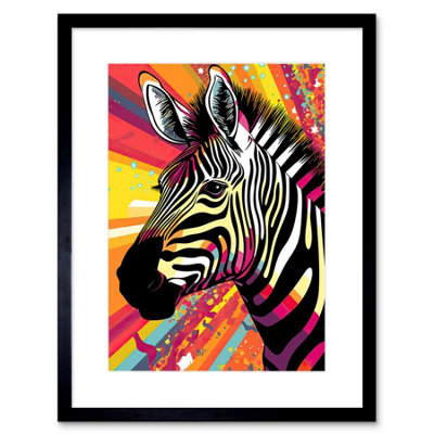 Artery8 Wall Art Print Zebra Portrait Vibrant Colourful Stripes Bright Bold Psychedelic Rainbow Artwork Framed 9X7 Inch from B&Q