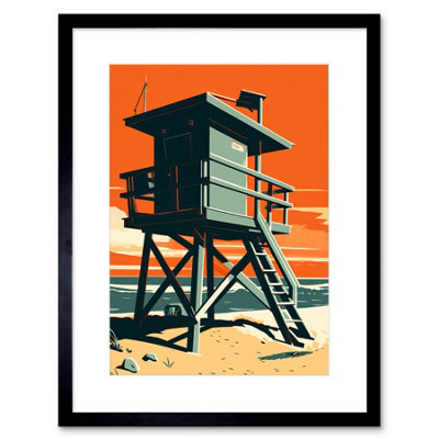 Artery8 Wall Art Print Lifeguard Tower Seascape Pastel Colour Orange Teal Blue Beach Bathroom Artwork Framed 9X7 Inch from B&Q
