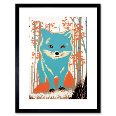 Artery8 Wall Art Print Cute Blue Fox Forest Glade Landscape Bright Woodland Baby Animal Kids Bedroom Artwork Framed 9X7 Inch from B&Q