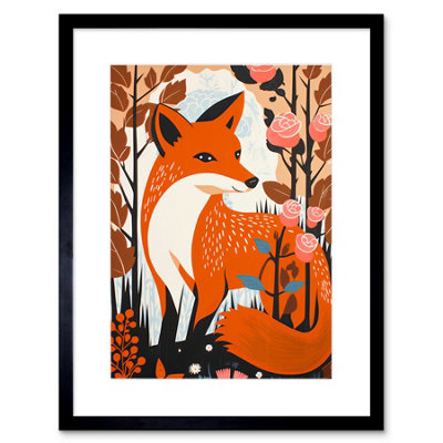 Artery8 Wall Art Print The Fox And Rose Bush Pastel Colour Autumn Forest Landscape Flowers Artwork Framed 9X7 Inch from B&Q