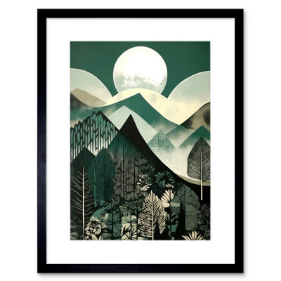 Artery8 Wall Art Print Full Moon Over Mountain Forest Linocut Mid Century Sage Green Moonlit Landscape Artwork Framed 9X7 Inch from B&Q