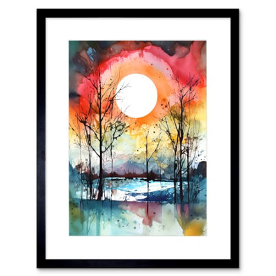 B&Q -  Wall Art Print Abstract Sunset Landscape Watercolour Painting Countryside Lake Autumn Trees Artwork Framed 9X7 Inch