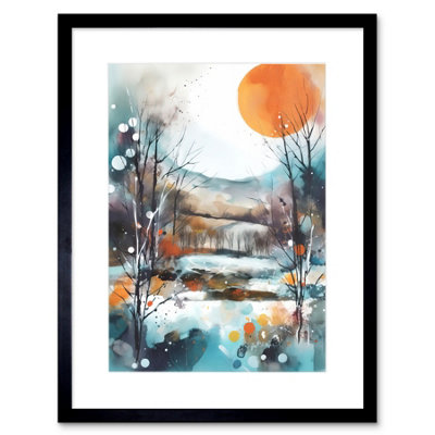 Artery8 Wall Art Print Abstract Winter Landscape Watercolour Painting Boho Countryside Sunrise Snow Artwork Framed 9X7 Inch from B&Q