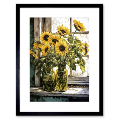 Artery8 Wall Art Print Sunflowers Still Life Watercolour Painting Yellow Flowers Farmhouse Window Sill Artwork Framed 9X7 Inch from B&Q