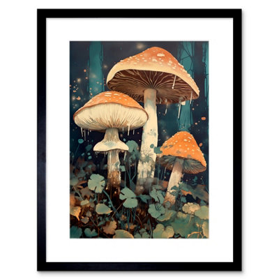 B&Q -  Wall Art Print Mushroom Fungi Watercolour Painting Magical Forest Pastel Clover Field Kitchen Artwork Framed 9X7 Inch