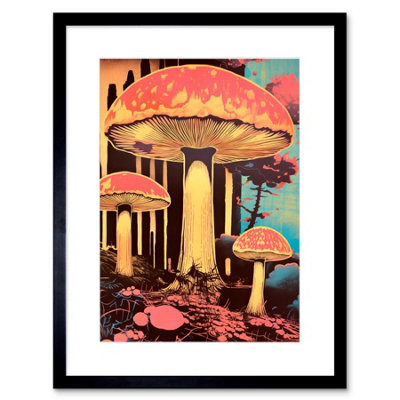 B&Q -  Wall Art Print Red Mushroom Fungi Pink Blue Bright Psychedelic Nature Kitchen Artwork Framed 9X7 Inch