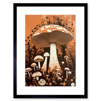 Artery8 Wall Art Print Vintage Mushroom Red Cap Fungi Pastel Orange Brown Earthy Aesthetic Kitchen Artwork Framed 9X7 Inch from B&Q