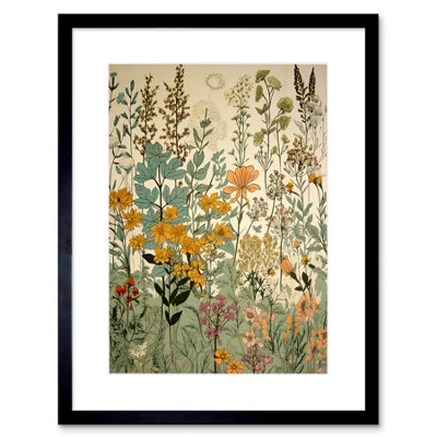 Artery8 Wall Art Print Wildflower Vintage Botanical Painting Pastel Yellow Green Teal Pink Spring Field Artwork Framed 9X7 Inch from B&Q
