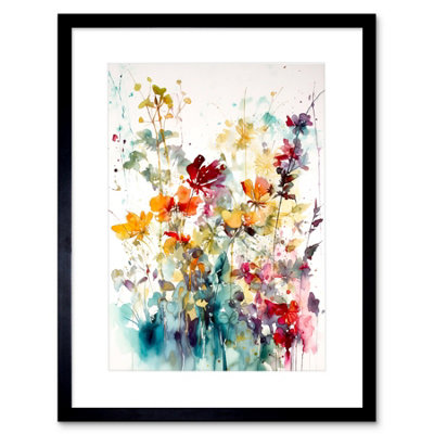 Artery8 Wall Art Print Wild Flowers Abstract Watercolour Orange Red Purple Bright Floral Spring Field Artwork Framed 9X7 Inch from B&Q