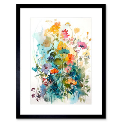 Artery8 Wall Art Print Wild Flowers Watercolour Painting Rainbow Colour Bright Floral Spring Field Artwork Framed 9X7 Inch from B&Q