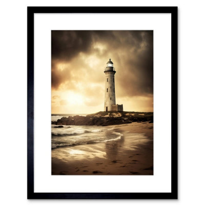 B&Q -  Wall Art Print Atmospheric Lighthouse Photo Beach Sepia Photograph Atmospheric Sunset Seascape Artwork Framed 9X7 Inch