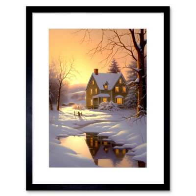 B&Q -  Wall Art Print Sunrise Winter Cottage Landscape Oil Painting Snowy Countryside Snow Lake Trees Artwork Framed 9X7 Inch
