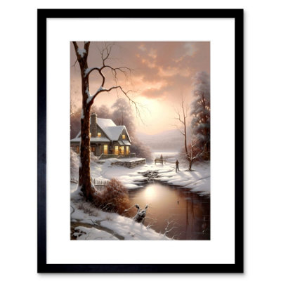 Artery8 Wall Art Print Winter Cottage Landscape Oil Painting Snow Lake Sunset Snowy Trees Artwork Framed 9X7 Inch from B&Q
