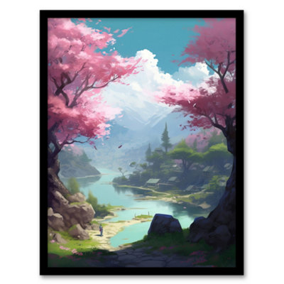 Artery8 Framed Wall Art Cherry Blossoms In Springtime Blooming Pink Trees In Tranquil Forest Lake Landscape12X16 Inch from B&Q