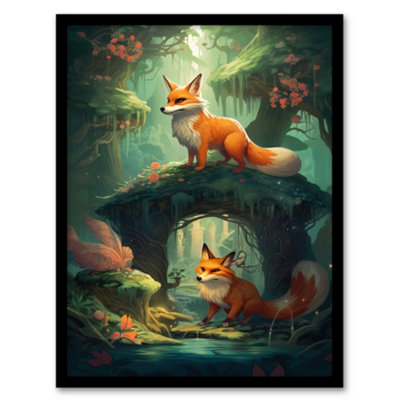 Artery8 Framed Wall Art Kitsune Fox Spirits Spring Blooms And Mythical Creatures In An Enchanted Forest Landscape12X16 Inch from B&Q