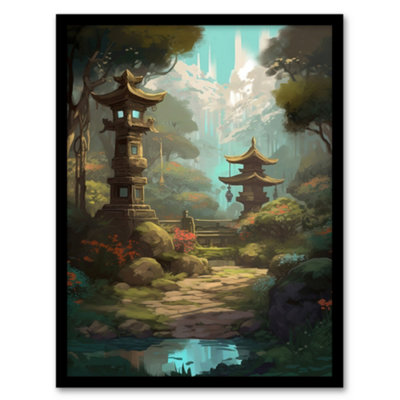 B&Q -  Traditional Japan Garden Painting With Towers And Stone Lanterns Bright Lake Spring Landscape Wall Art PrintA4 Size