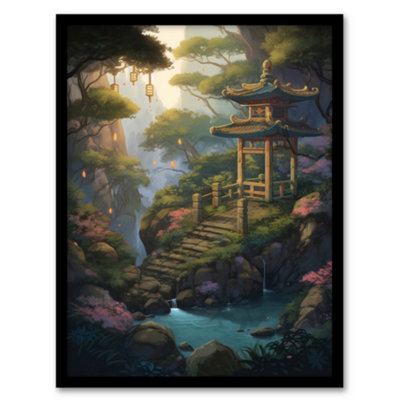 B&Q -  Framed Wall Art Japan Garden Painting Traditional Tower And Tree Lanterns By Lake Spring Flowers And Bridge12X16 Inch