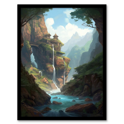 Artery8 Fortress On A Waterfall Cliff Concept Art Painting Fantasy Kingdom Entrance In Enchanted Forest Wall Art PrintA4 Size from B&Q